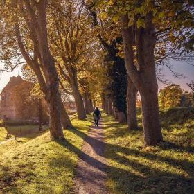 En turist går på Nyborg Vold i det flotteste efterårsvejr